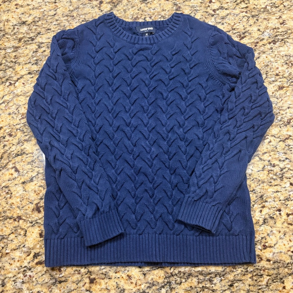 Lands End Drifter Navy Blue Cable Knit Cotton Crewneck Sweater Womens M 10-12